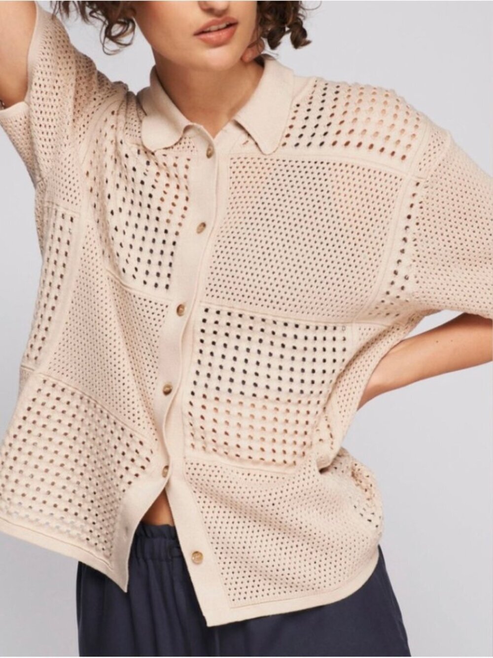 NEW Kotn Top Blouse Button Down Alexandria Top Beige Tan Knit Small